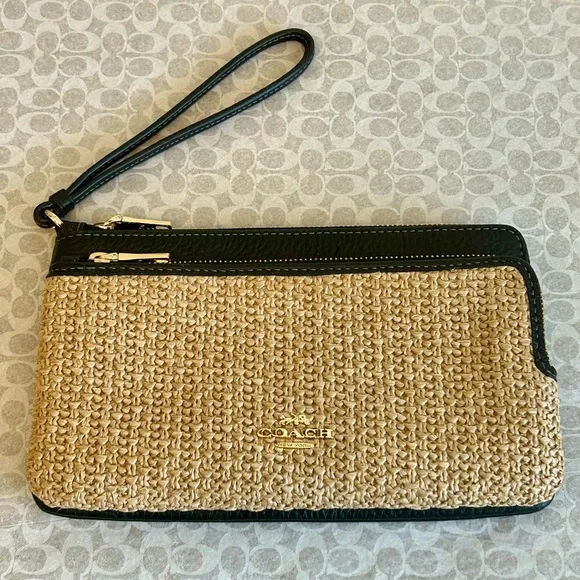 NWT COACH DOUBLE ZIP LARGE WALLET WRISTLET STRAW CAP26 LEATHER TOAST/BLACK - Picture 3 of 12